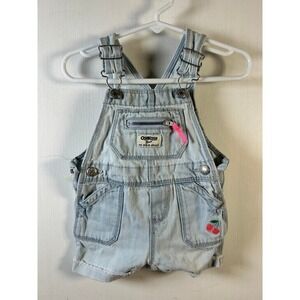 OshKosh B'gosh Denim Shortalls Baby 6-9M Light Blue Excellent Cherry Embroidered